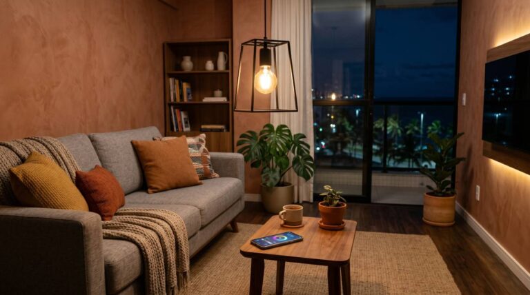 Sala de apartamento com lâmpada inteligente e app de controle no smartphone
