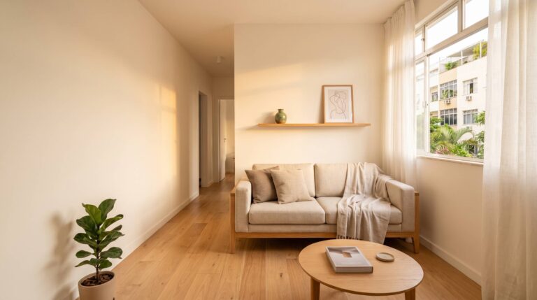 Sala de apartamento pequeno reformada com paredes brancas e piso de madeira